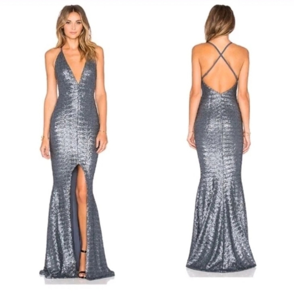 NOOKIE Dusk Till Dawn Sequin Plunge Gown In Pewter XS